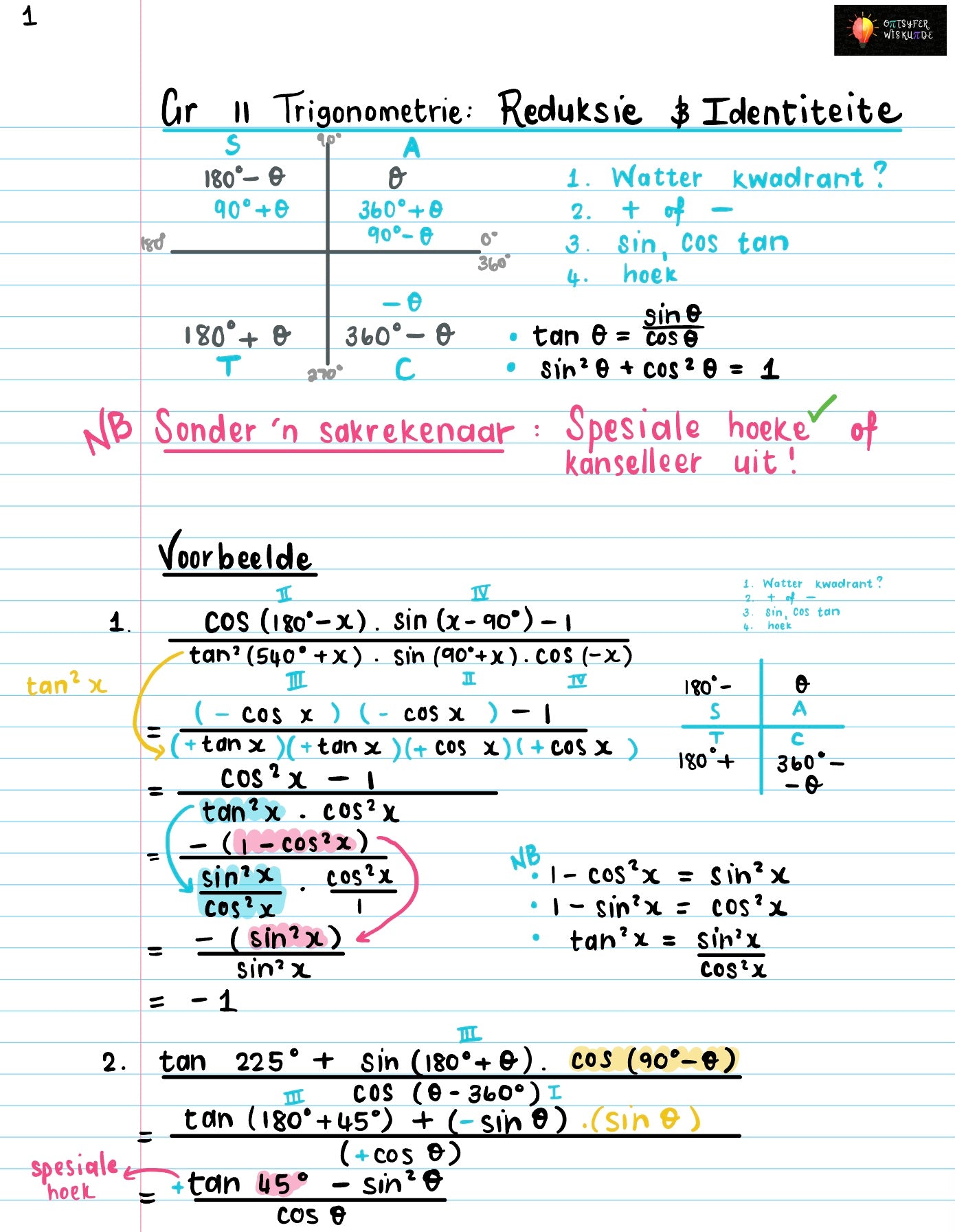 Gr 11 Trigonometrie Reduksie en Identiteite