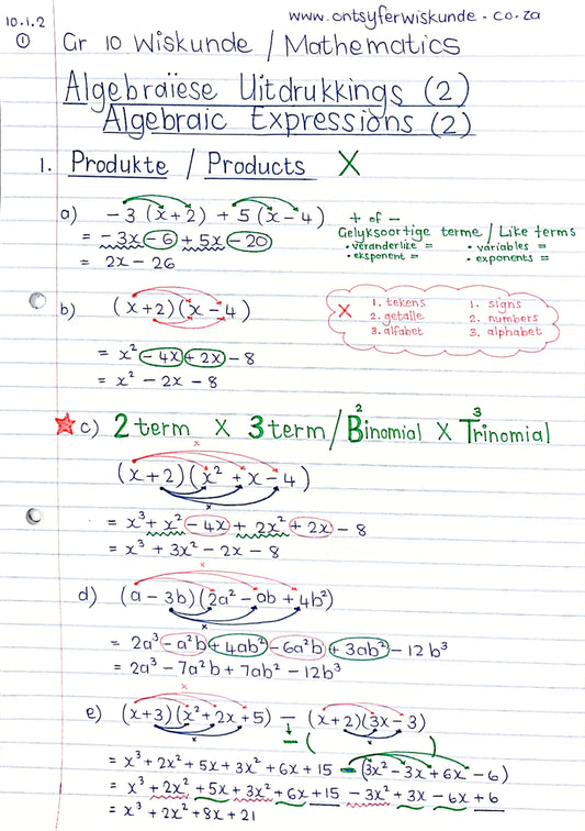 Gr 10 Algebraïese Uitdrukkings/Algebraic Expressions (2)