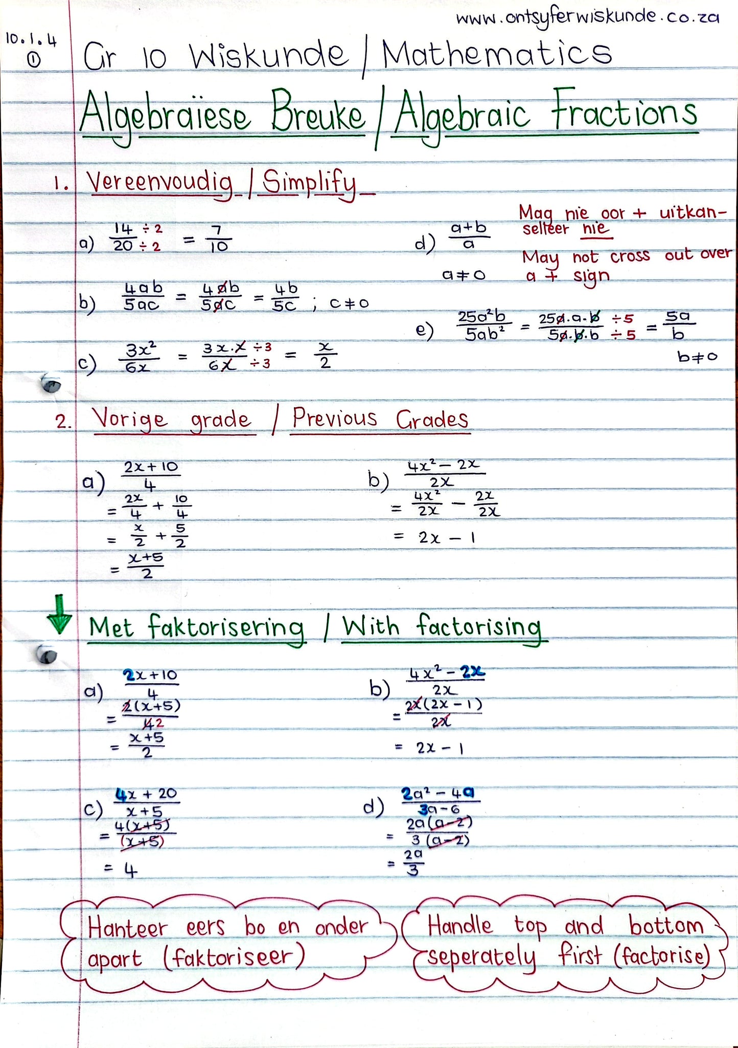 Gr 10 Algebraïese Breuke / Algebraic Fractions