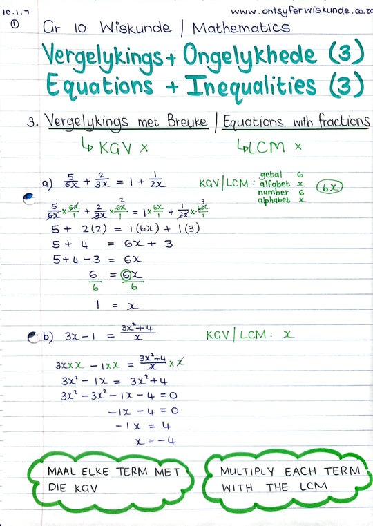 Gr 10 Vergelykings / Equations (3) Ontsyfer Wiskunde