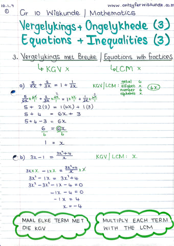 Gr 10 Vergelykings / Equations (3)