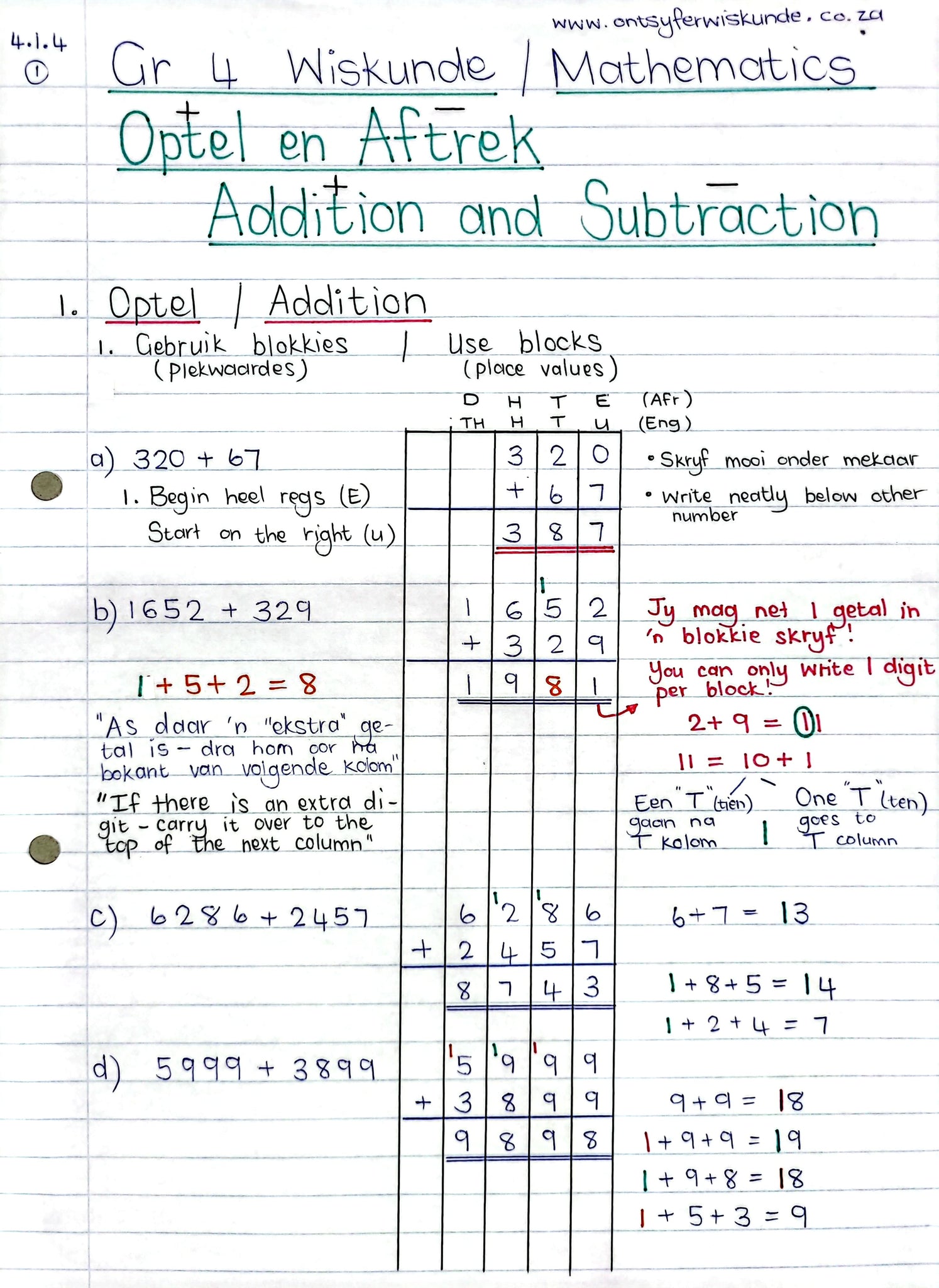 Gr 4 Optel en Aftrek / Adding and Subtracting 4.1.4