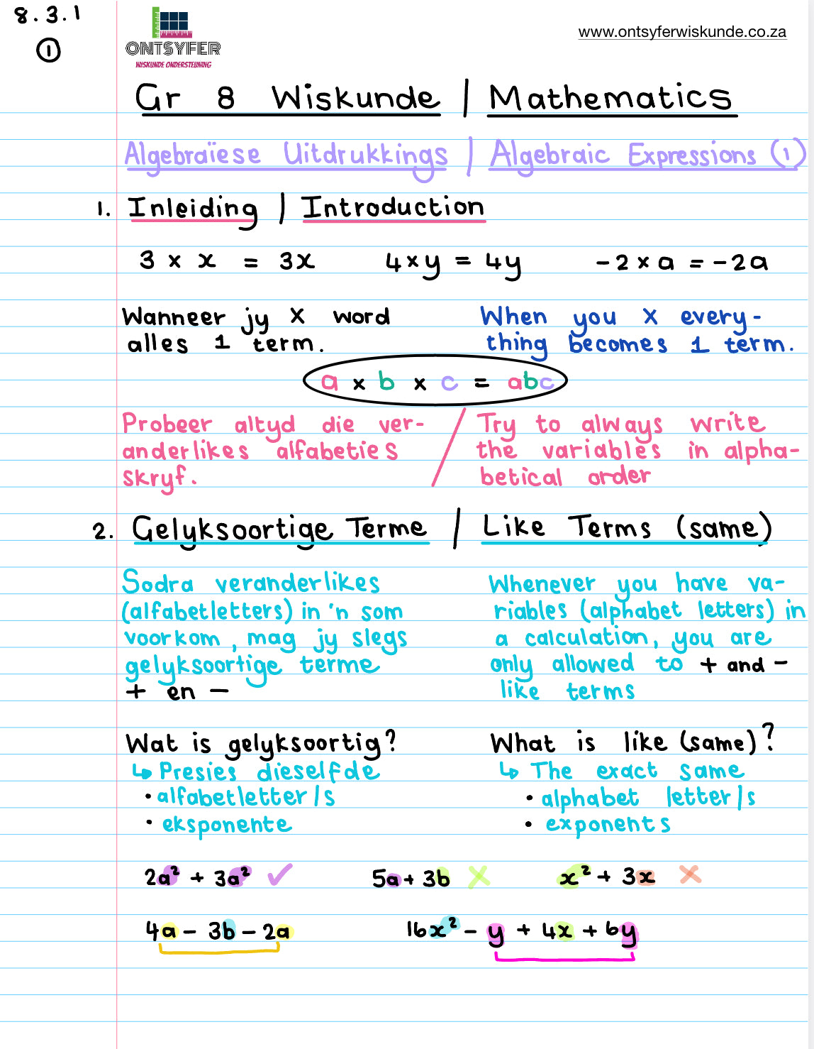 Gr 8 Algebraïese Uitdrukkings / Algebraic Expressions (1)