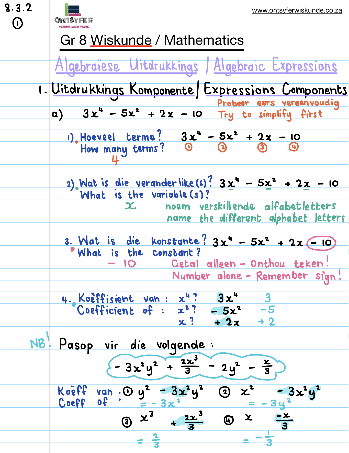 Gr 8 Algebraïese Uitdrukkings / Algebraic Expressions (2)