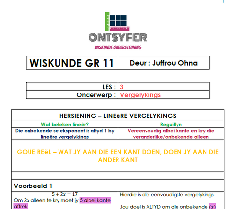 Gr 11 Wiskunde - Vergelykings 1