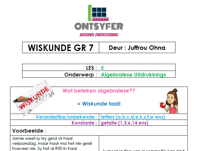 Gr 7 Wiskunde - Algebraïese Uitdrukkings