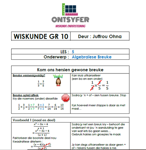 Gr 10 Wiskunde - Algebraïese Breuke