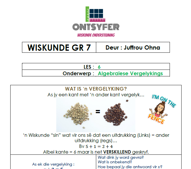 Gr 7 Wiskunde - Algebraïese Vergelykings