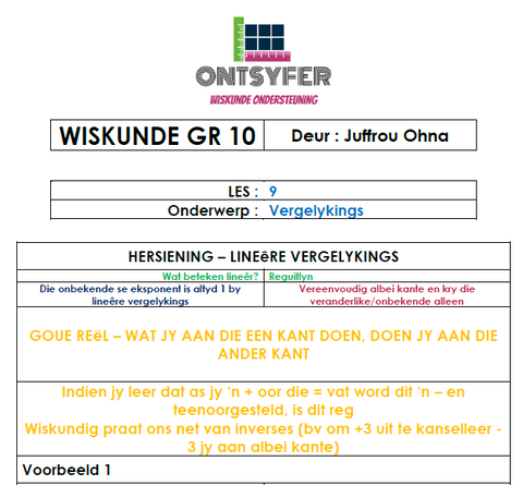 Gr 10 Wiskunde - Vergelykings